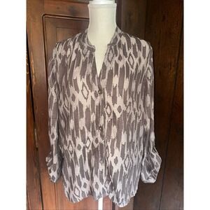 Womens Ruby Rd Burnout Semi-Sheer  Button Blouse Top Geometric Roll Tab Size 16